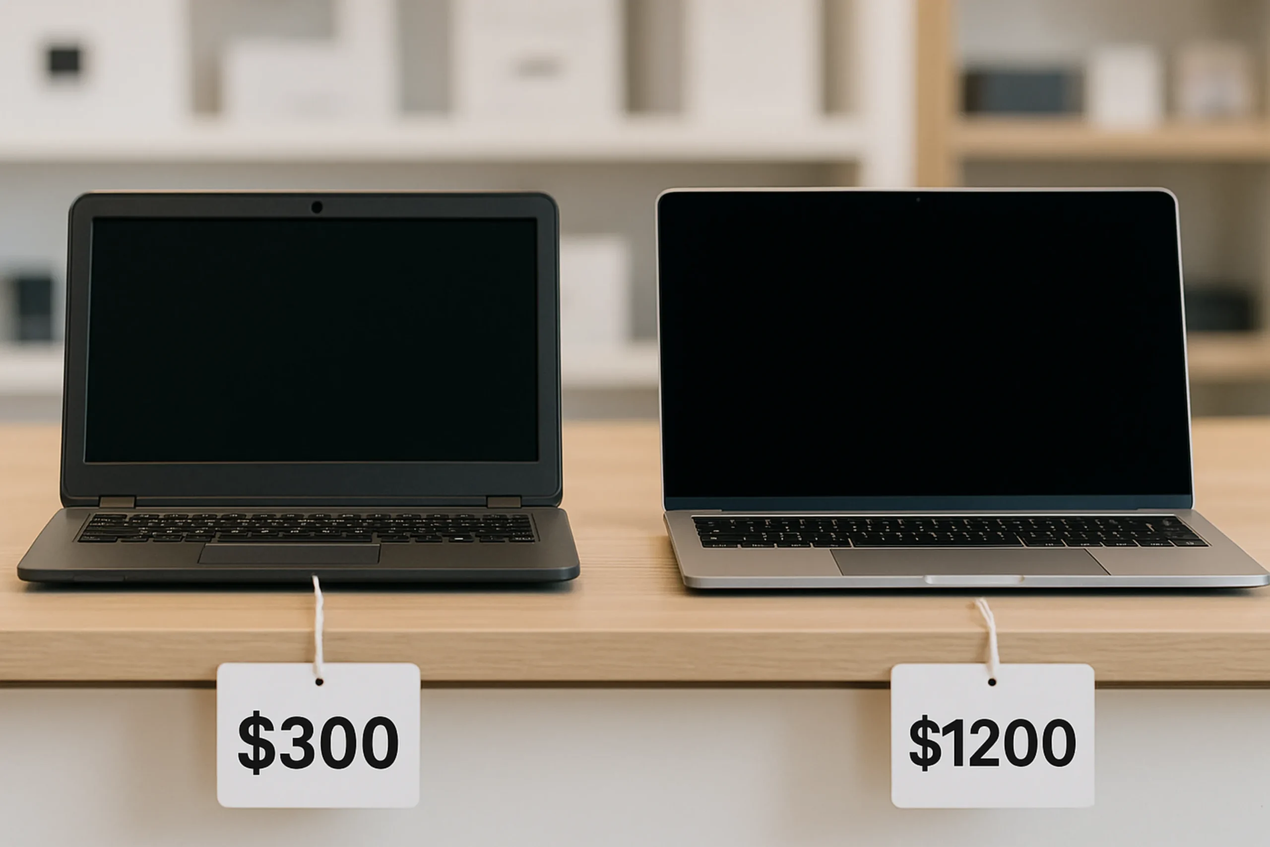Side-by-side comparison of budget and premium laptops with price tags — visualizing common mistakes to avoid when renting a laptop based on cost alone.