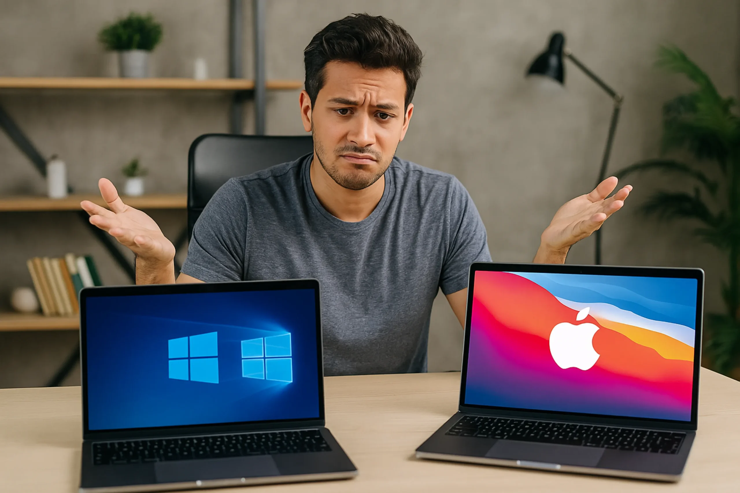 Confused user choosing between Windows and macOS laptops — highlighting OS compatibility issues as a key mistake to avoid when renting a laptop.