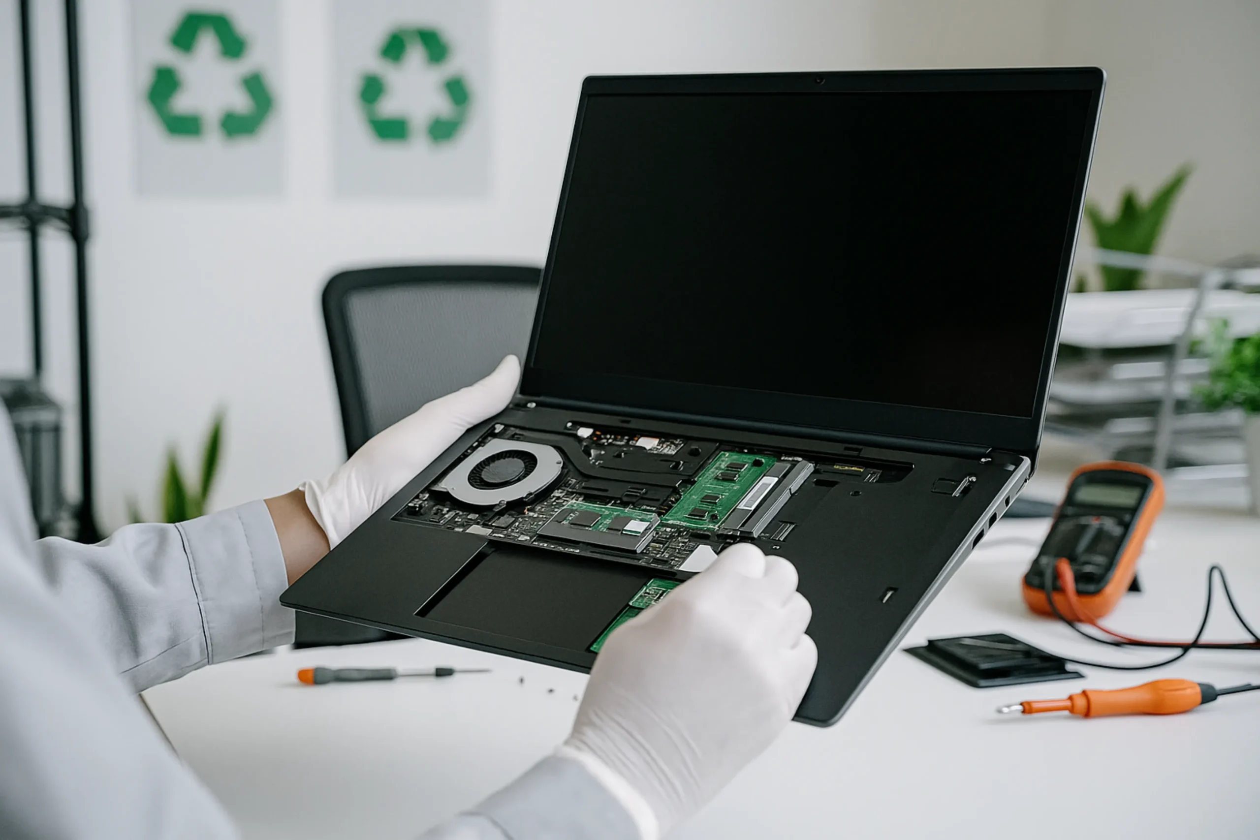 Technician inspecting refurbished laptop in eco-friendly lab with recycling signs — showing sustainability as an overlooked factor when renting a laptop.