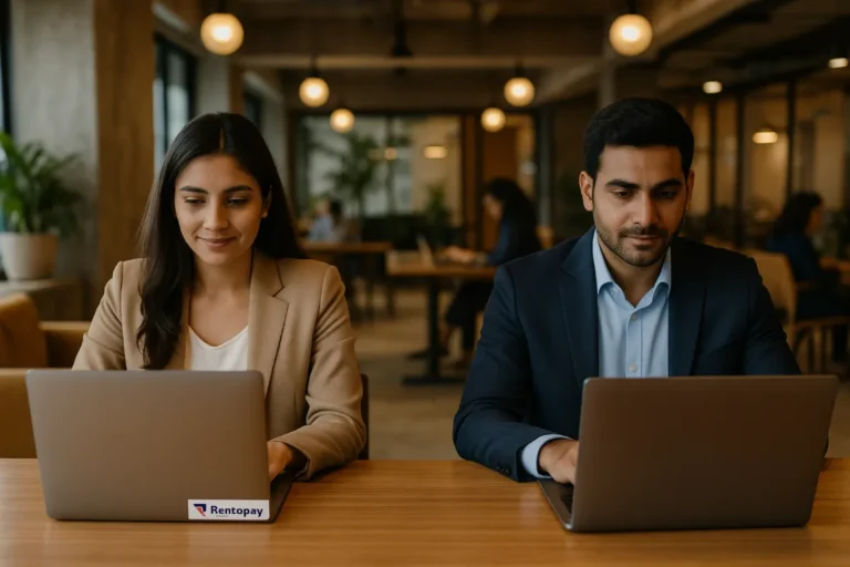 Indian professionals comparing laptop rental vs EMI in a coworking space, highlighting cost-effective rental solutions with Rentopay label on laptop