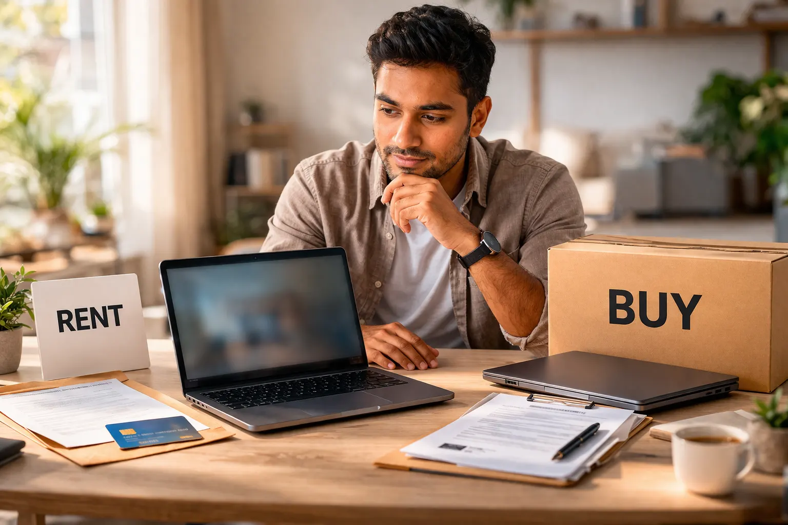 Laptop on Rent vs Buy decision scene with Indian professional at desk