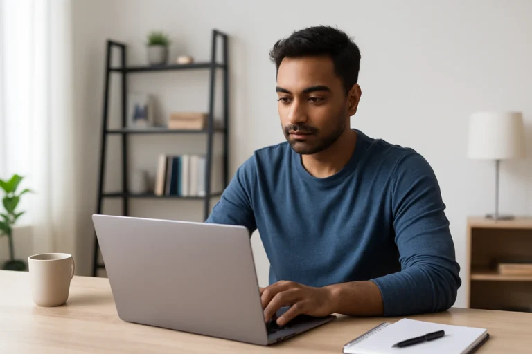 Young Indian professional working remotely on a laptop in a home office — illustrating mistakes to avoid when renting a laptop for productivity tasks.