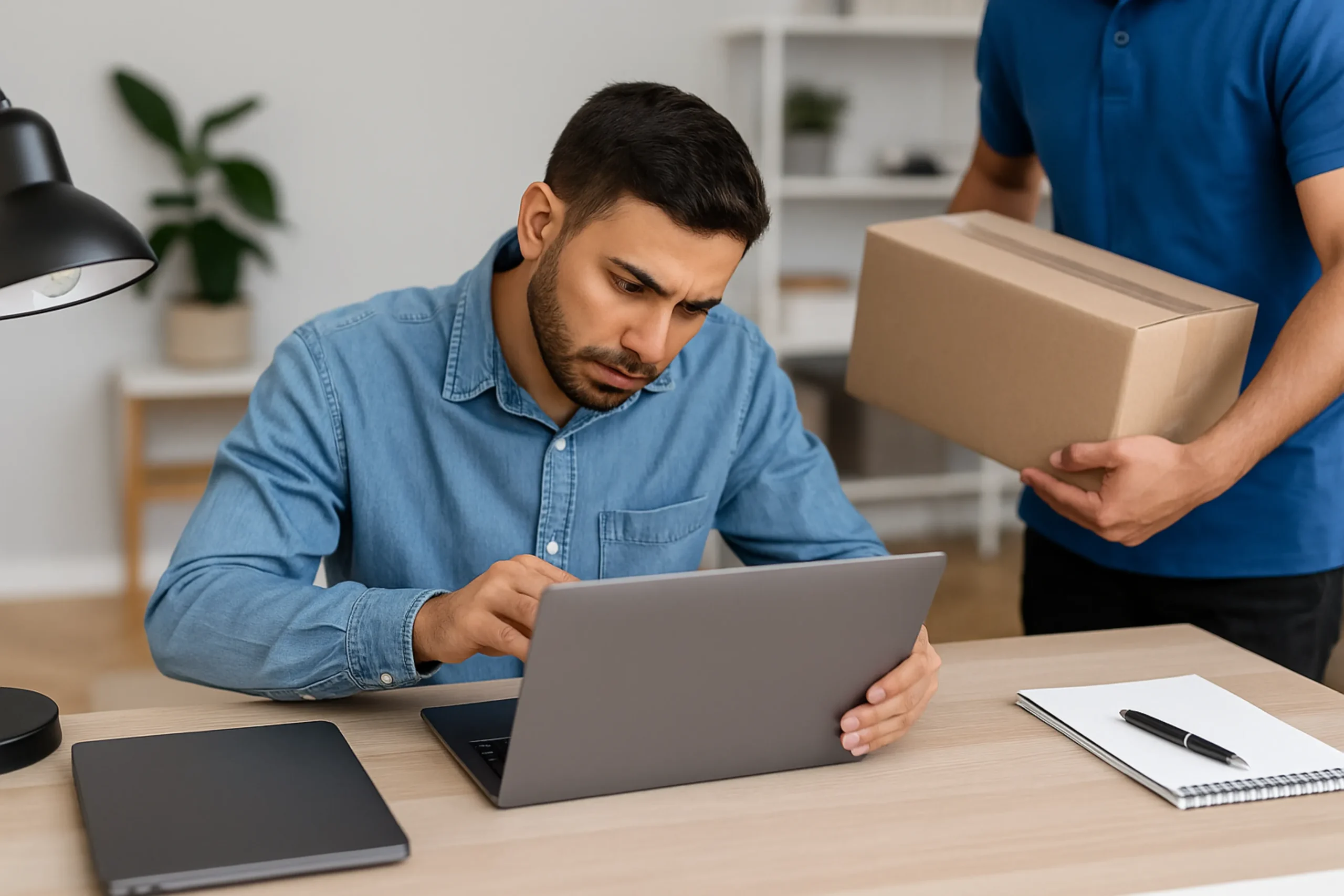 Customer inspecting a rented laptop for damages while a courier stands by — capturing a critical step often missed when renting a laptop.