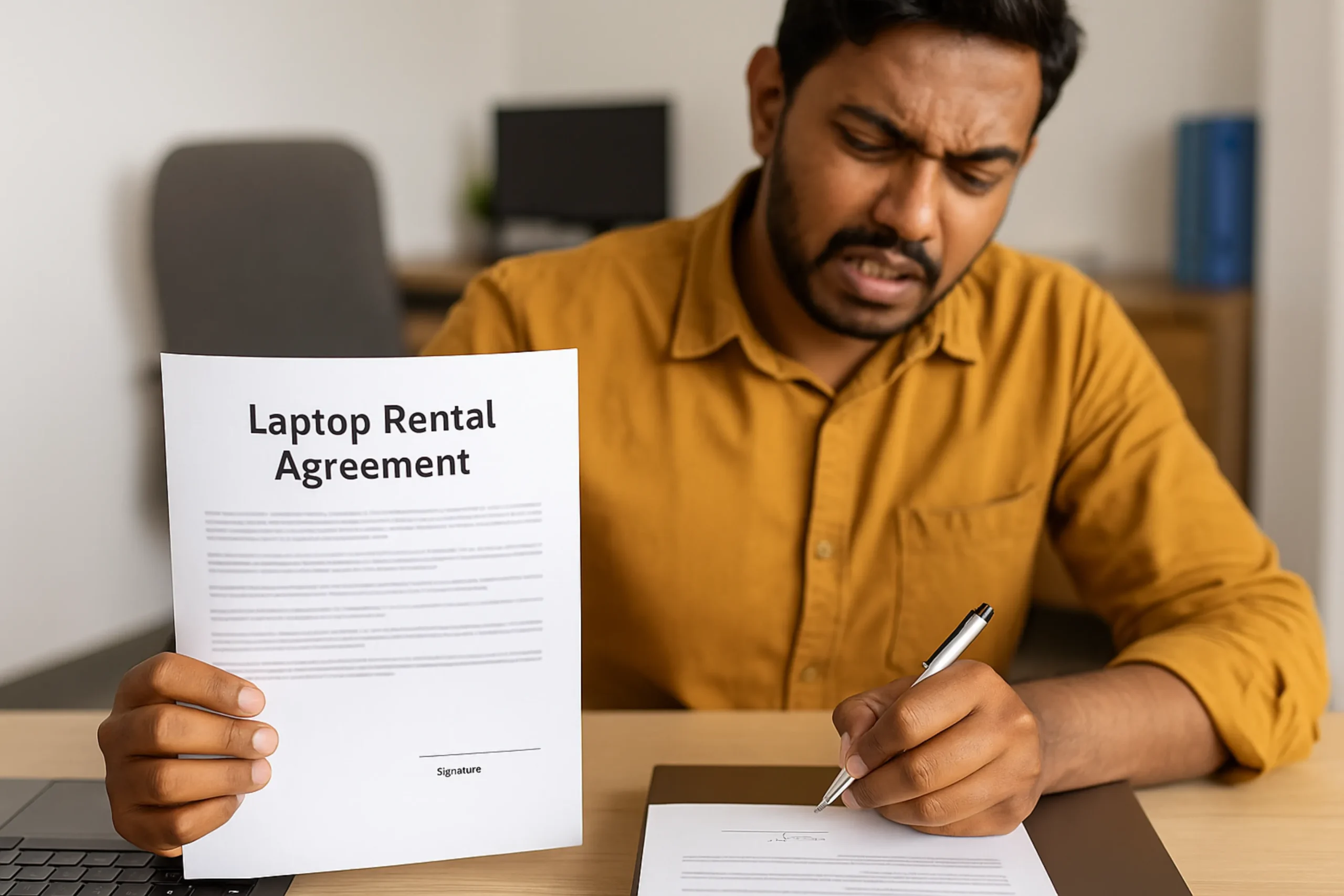 Indian customer hastily signing a laptop rental agreement — representing the mistake of skipping terms and conditions when renting a laptop.