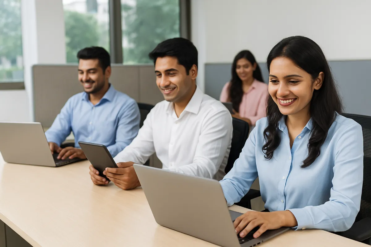 Understanding BYOD Meaning: Benefits & Risks BYOD pros with Indian employees using personal devices in a collaborative office setup
