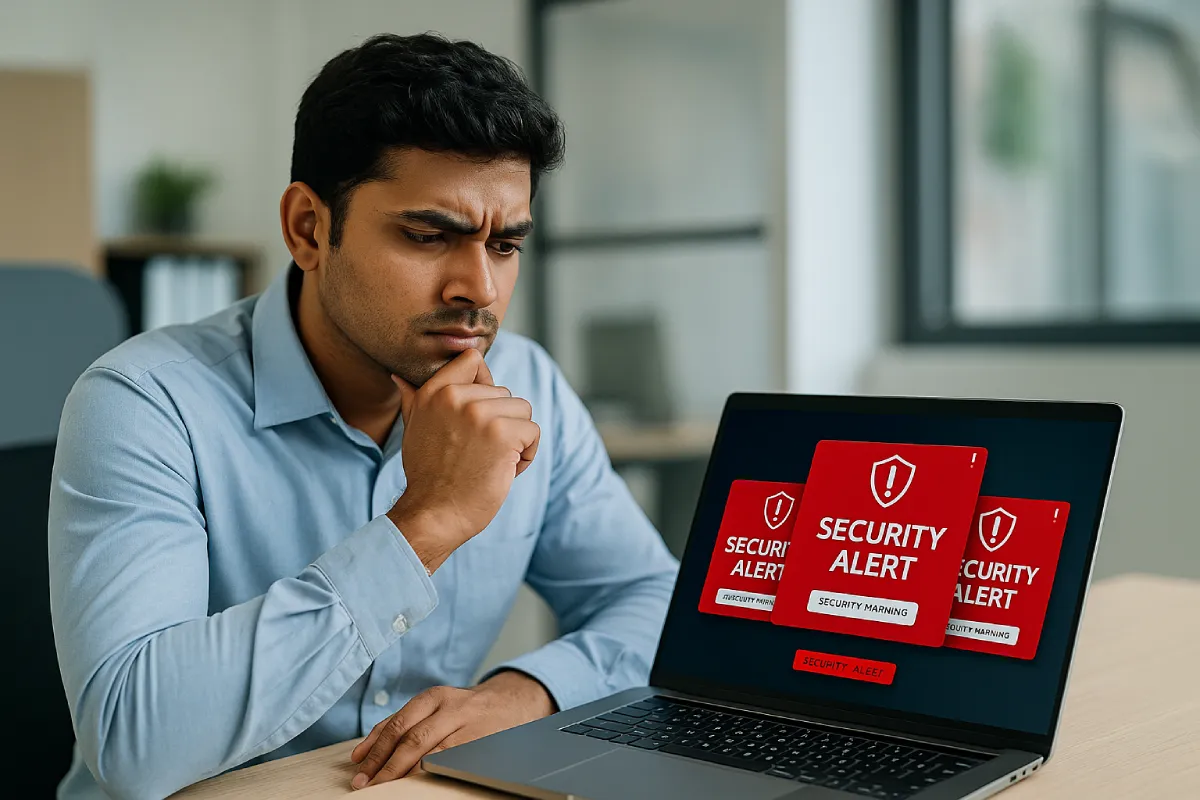Understanding BYOD Meaning: Benefits & Risks BYOD cons shown by security alerts on laptop used by Indian IT professional in office