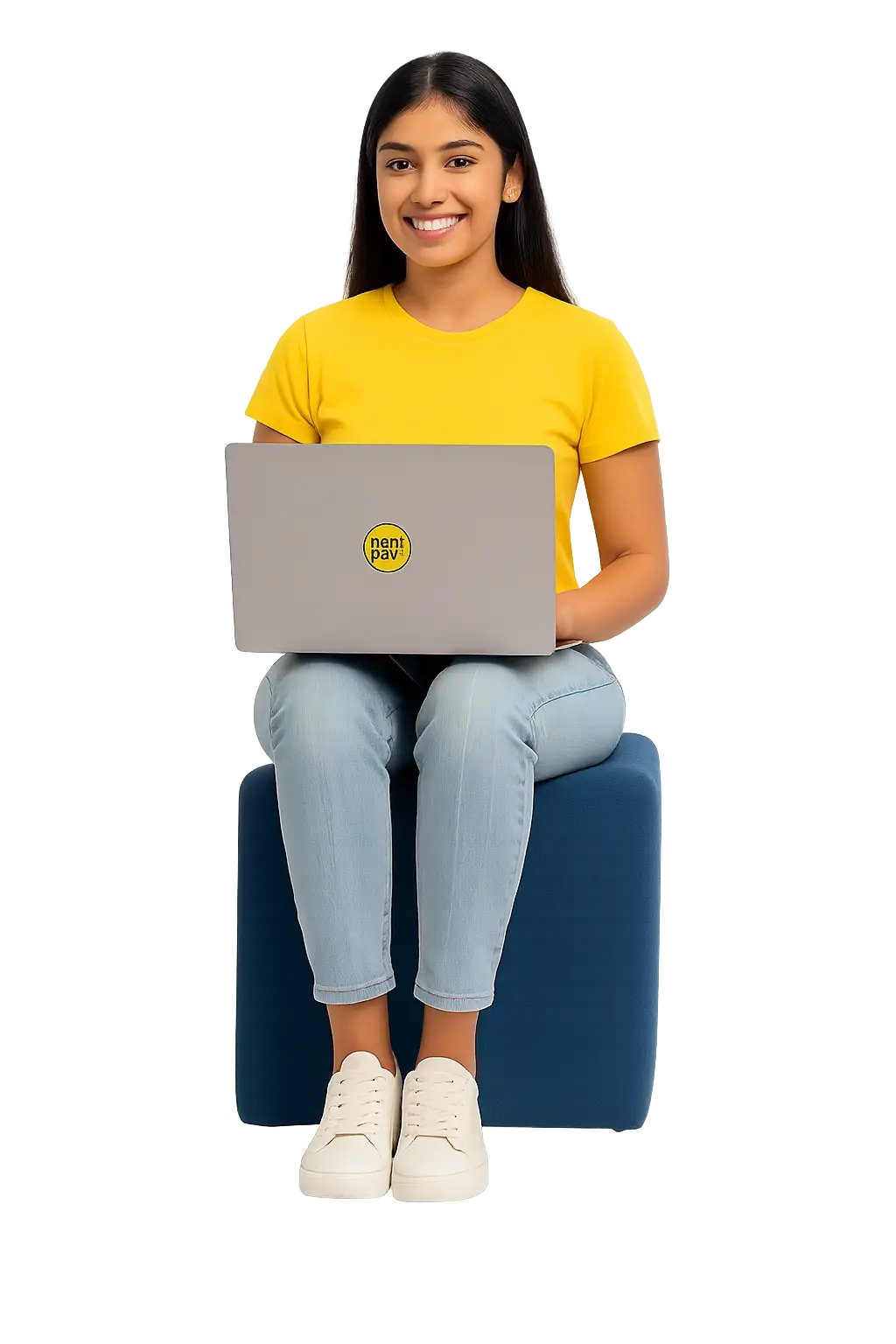 Indian girl in yellow shirt holding a Rentopay laptop while sitting on a blue ottoman with a circular backdrop.