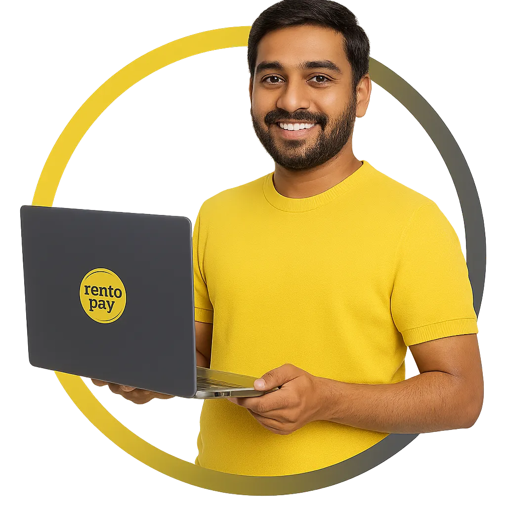 Indian man holding a Rentopay laptop with a yellow and grey circular ring in the background.