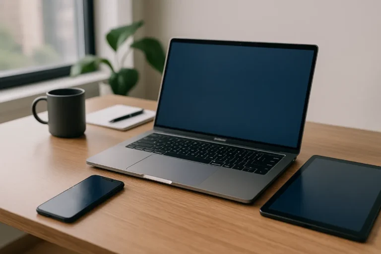 BYOD meaning with Rentopay laptop, tablet, and phone on a modern Indian office desk