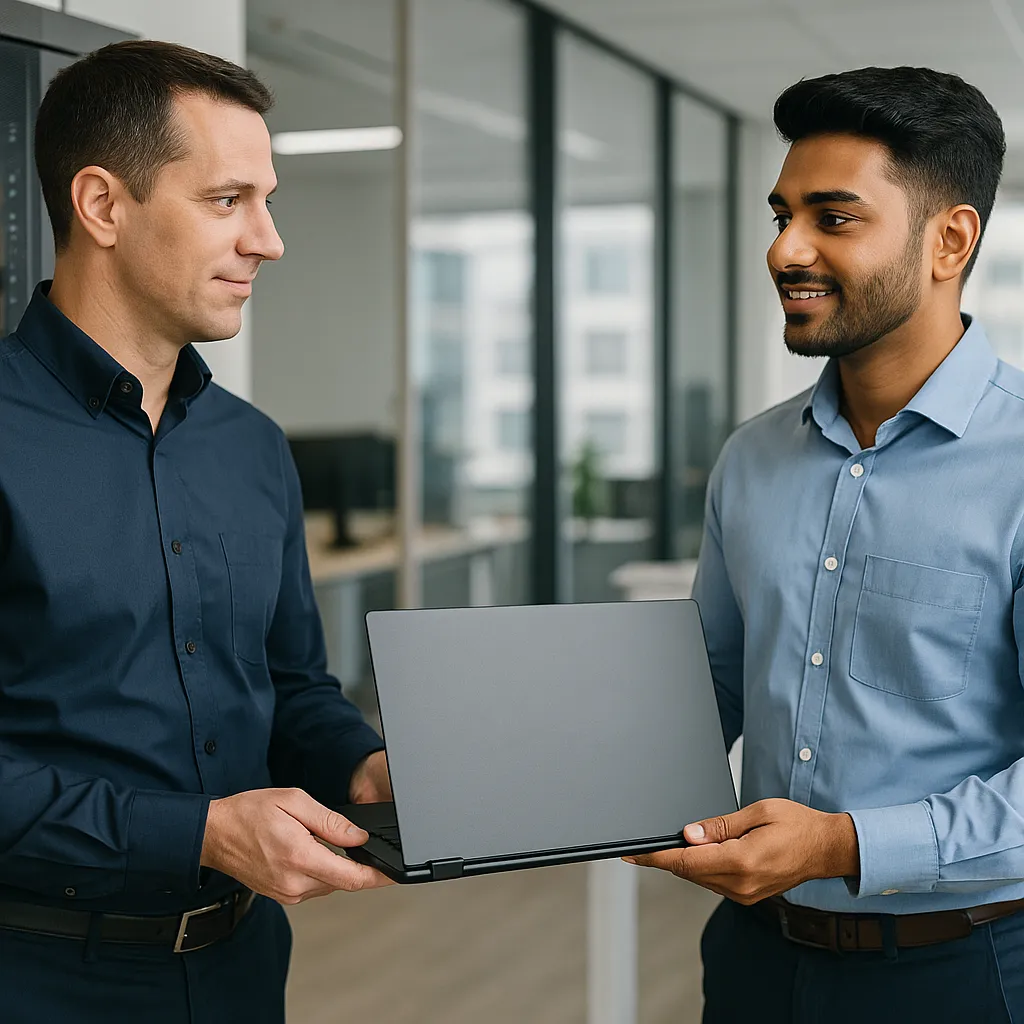 Understanding BYOD Meaning: Benefits & Risks Rentopay laptop handed to employee, showing laptop rental vs BYOD in Indian office