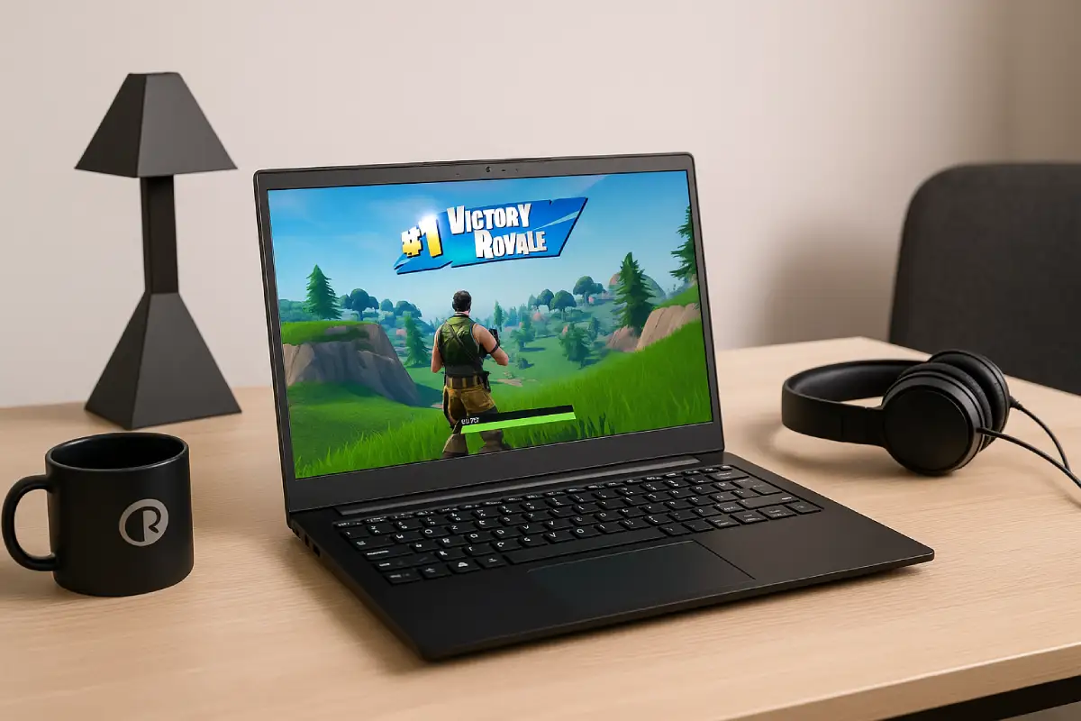 Entry-level Gaming Laptop Under 10000 running Fortnite with headphones on desk