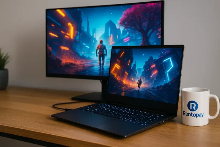 Gaming Laptop Under 10000 on modern desk with monitor and Rentopay coffee mug