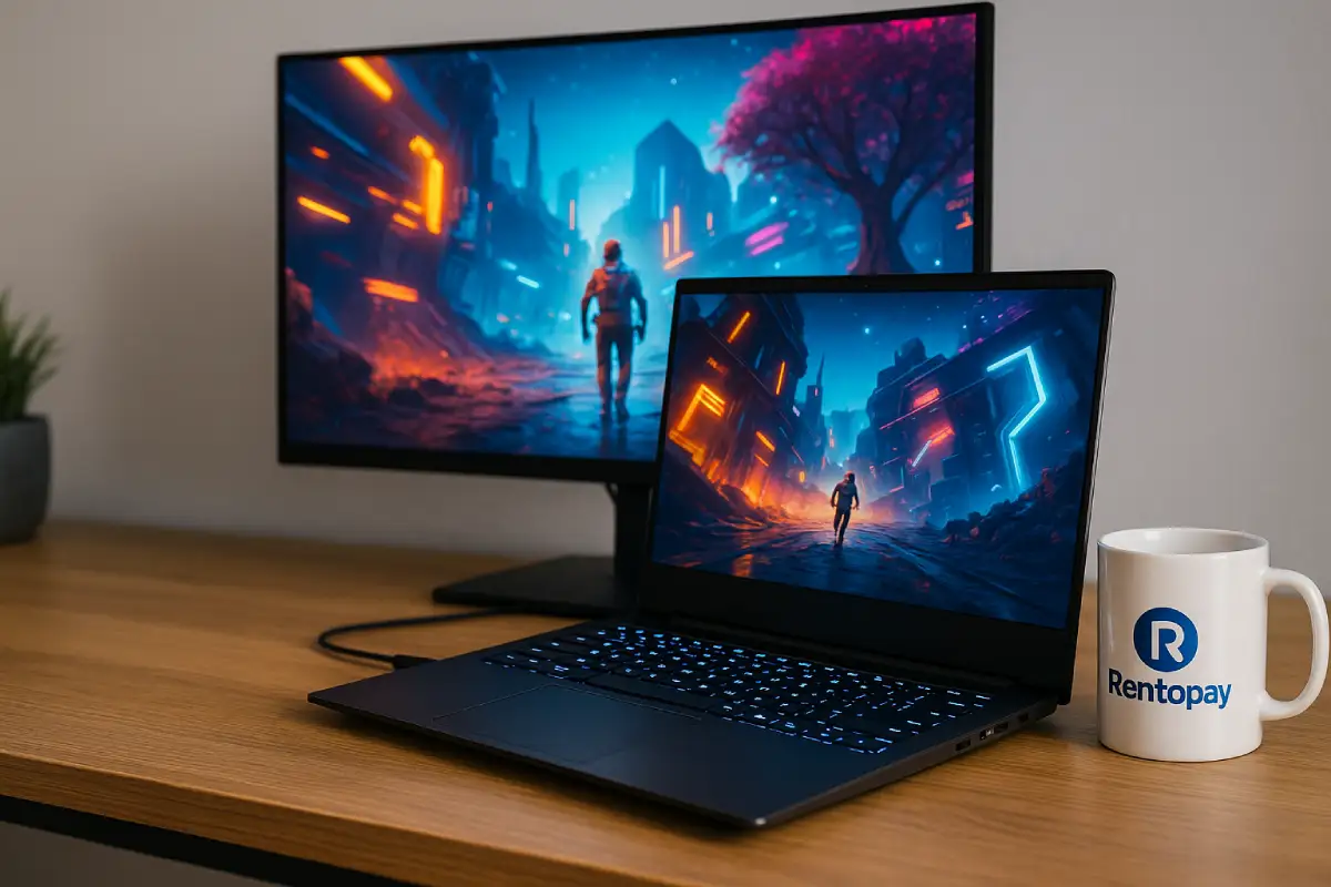 Gaming Laptop Under 10000 on modern desk with monitor and Rentopay coffee mug