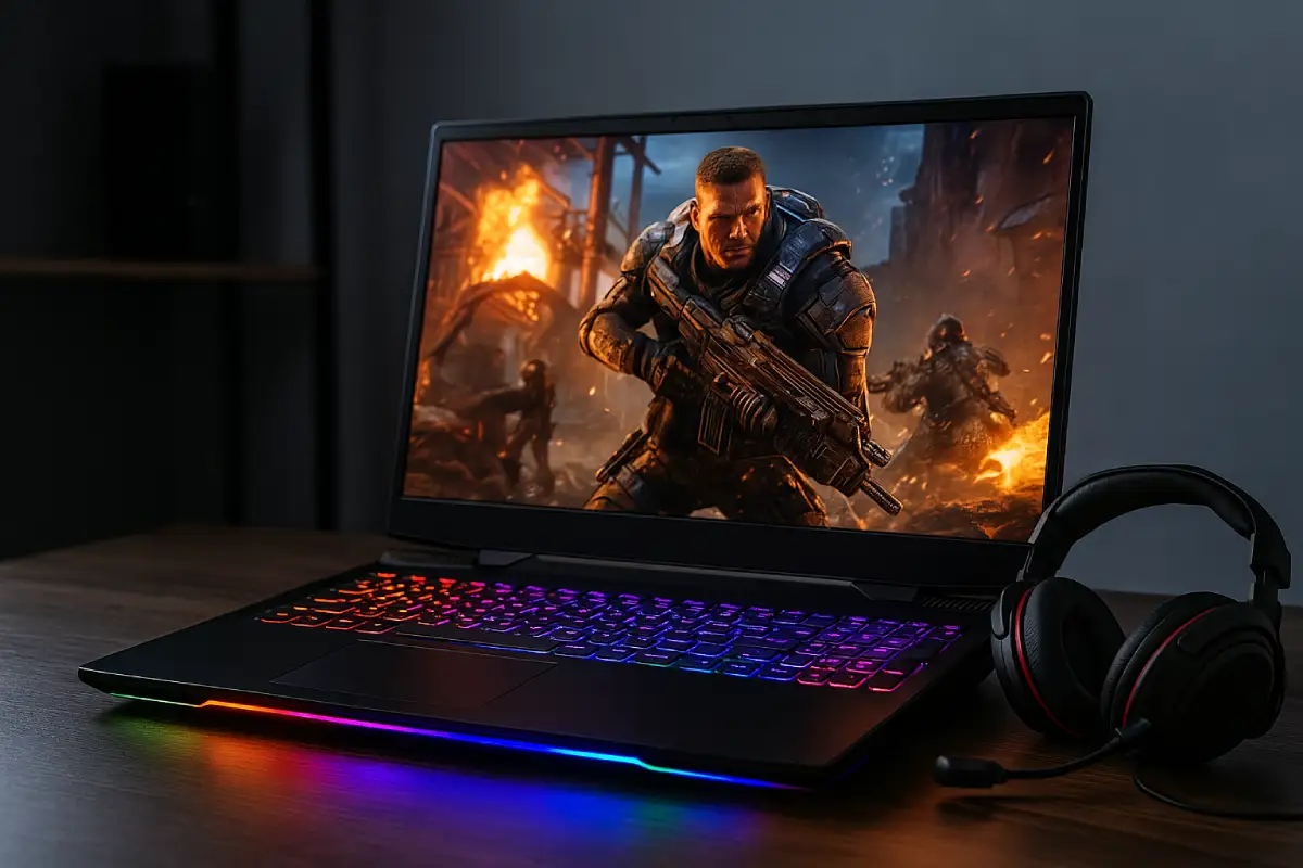 High-end Gaming Laptop Under 10000 with RGB lighting, headset, AAA game on screen