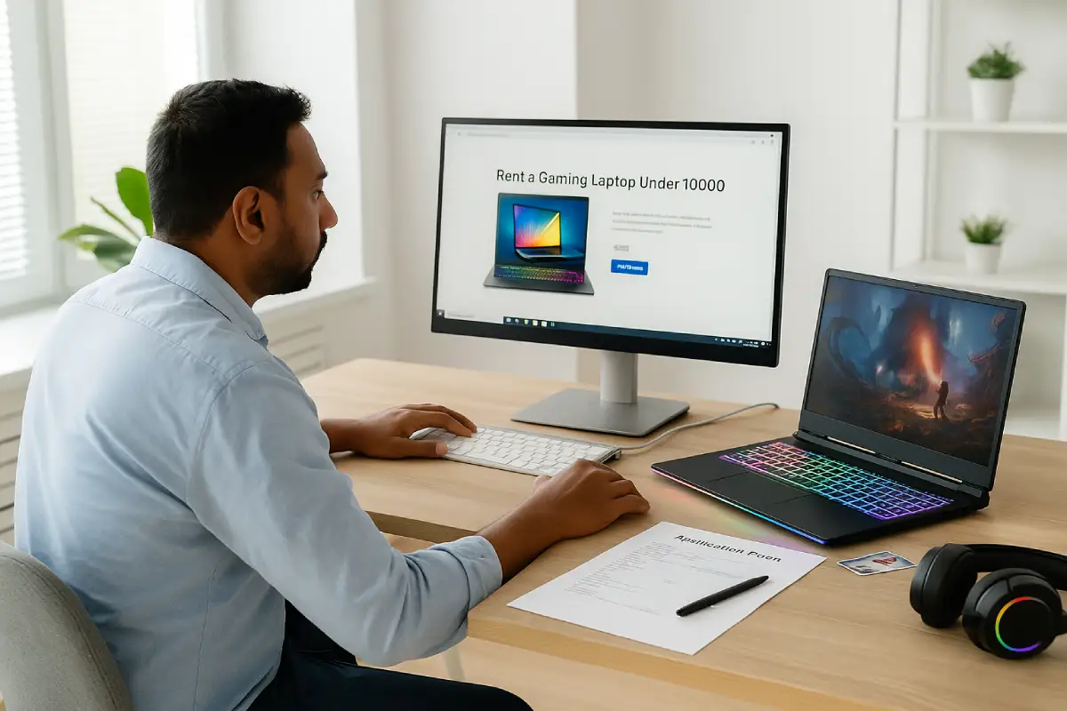 Indian person browsing site for Gaming Laptop Under 10000 with ID and papers visible