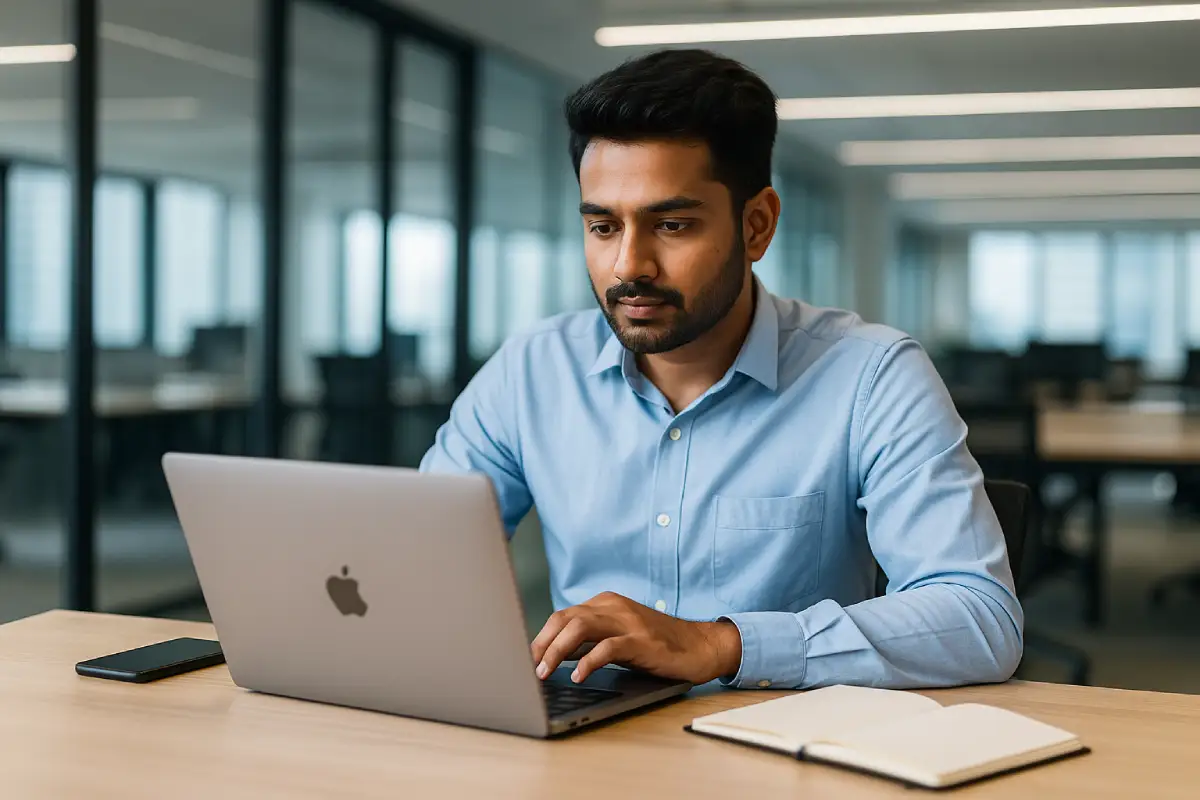 Indian professional working on a MacBook showing how to rent a MacBook for work