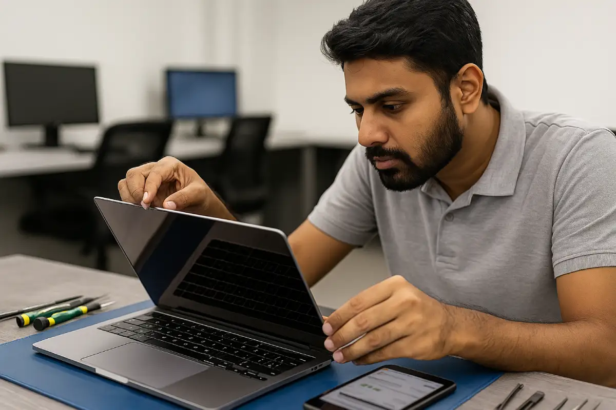 Indian technician checking MacBook quality before renting to show how to rent a MacBook