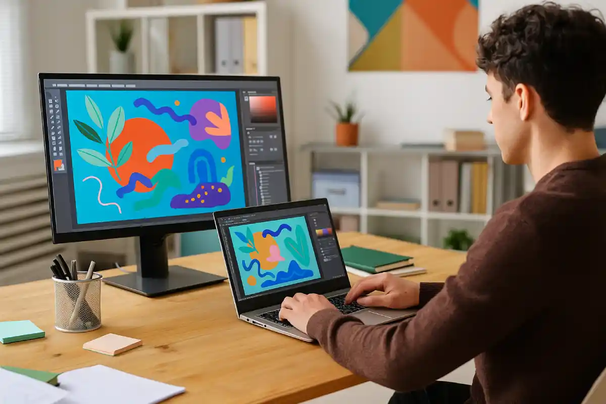 Designer editing graphics on laptop for content creation