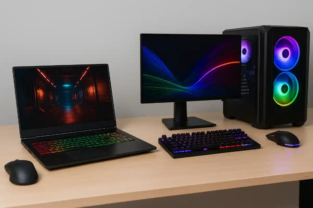 Gaming laptop and desktop displayed for rent a gaming pc service