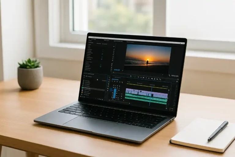Laptop for content creation on desk with video editing software