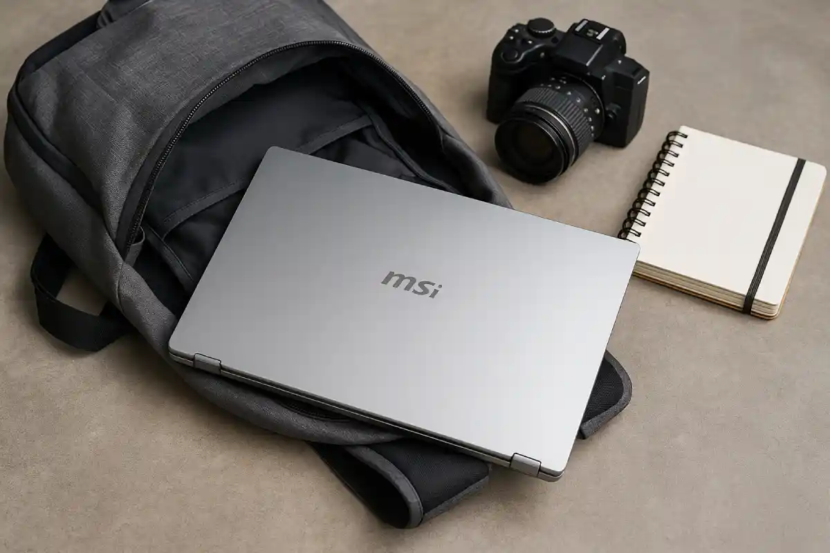 MSI laptop for content creation with camera and backpack