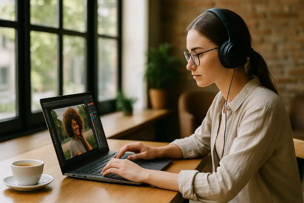 Professional using laptop for content creation in coffee shop