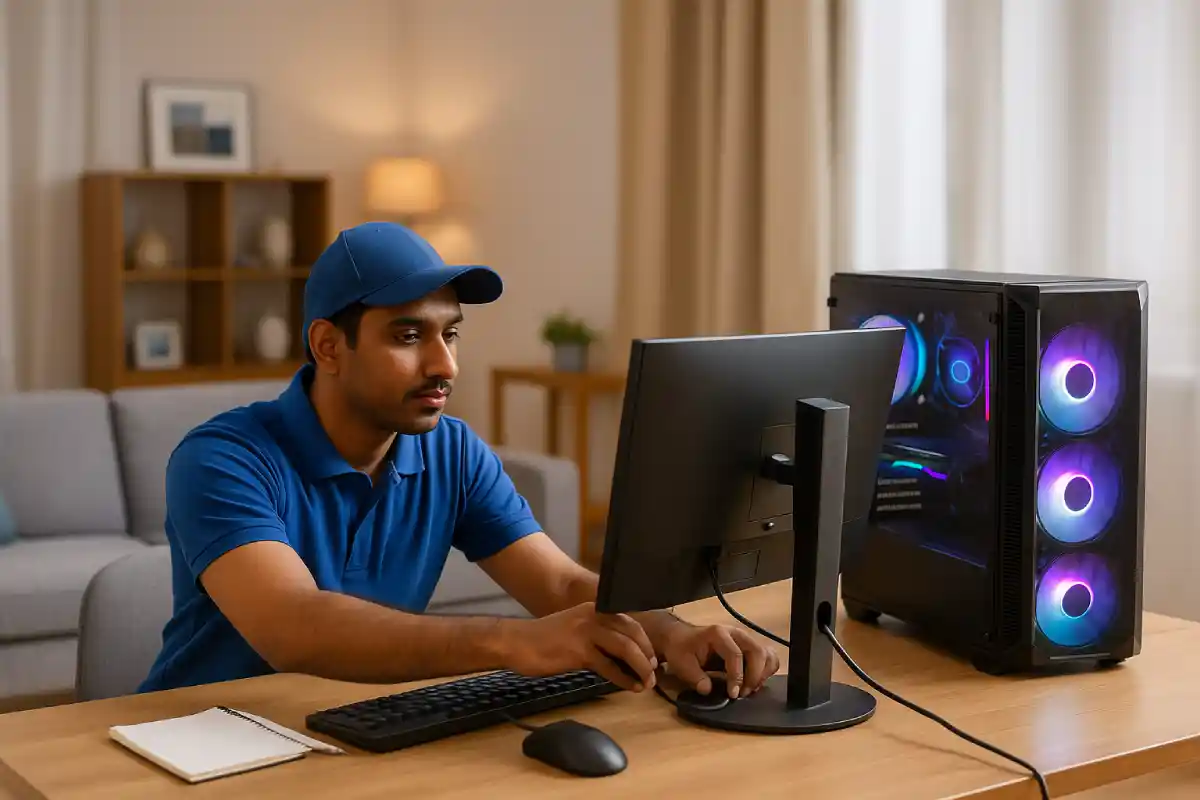 Technician delivering and setting up rent a gaming pc at home