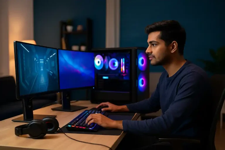 Young gamer choosing to rent a gaming PC at a modern desk with RGB setup