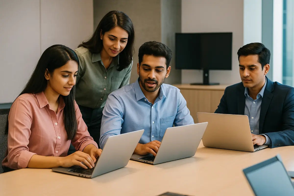 Business team using laptop rental services for projects