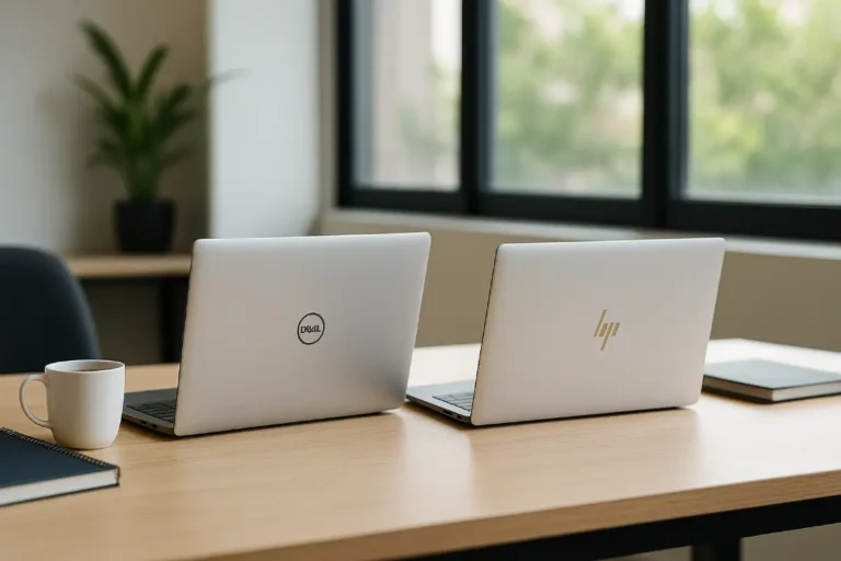 Dell vs HP laptops comparison on modern office desk