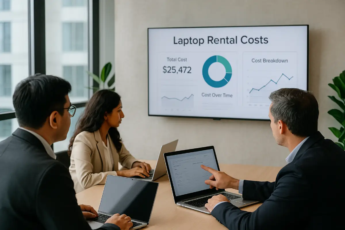 Business team reviewing laptop rentals for corporate events cost benefits