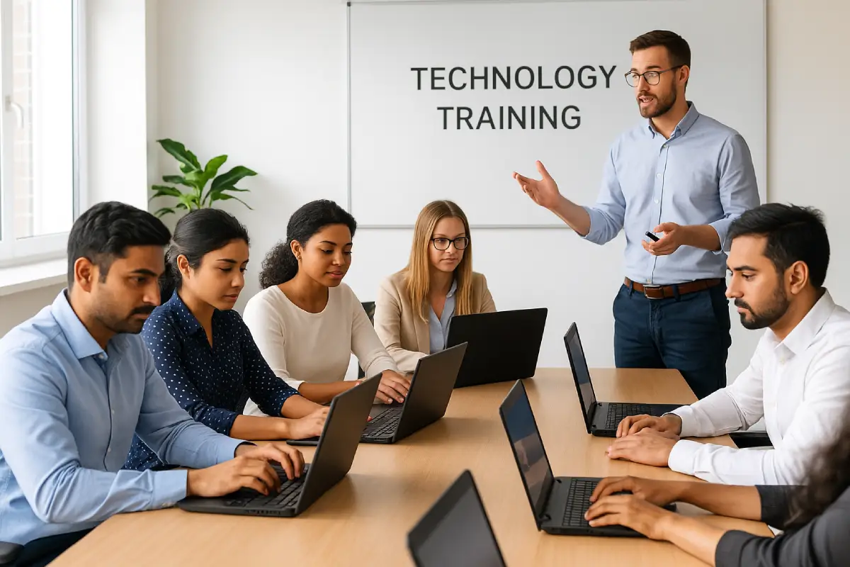 Employees attending a tech training session using laptop rentals for corporate events