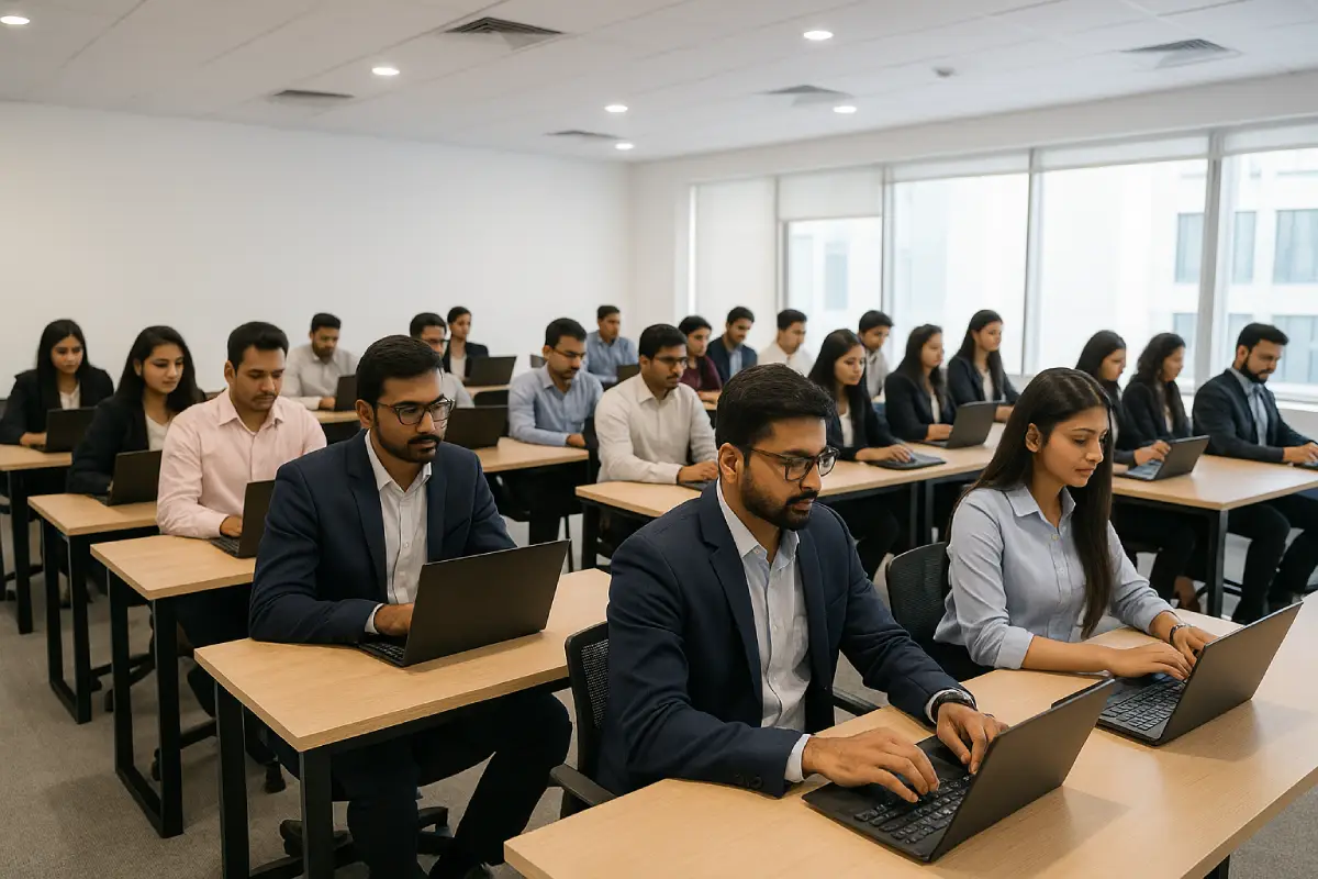 Professionals using laptop rentals for corporate events in a modern training room
