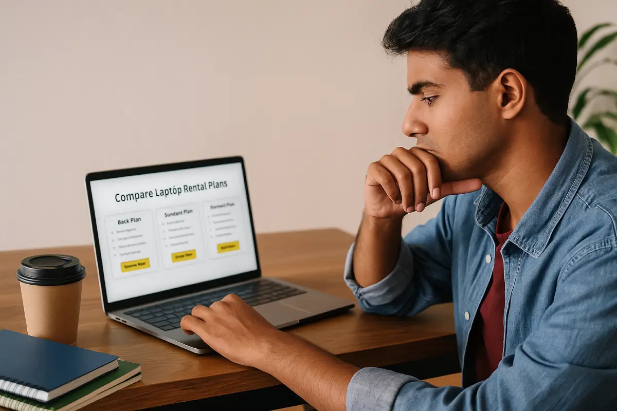 Student checking flexible laptop rentals plans online