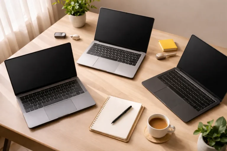 Top 10 laptop brands in India shortlist on a desk in an Indian workspace