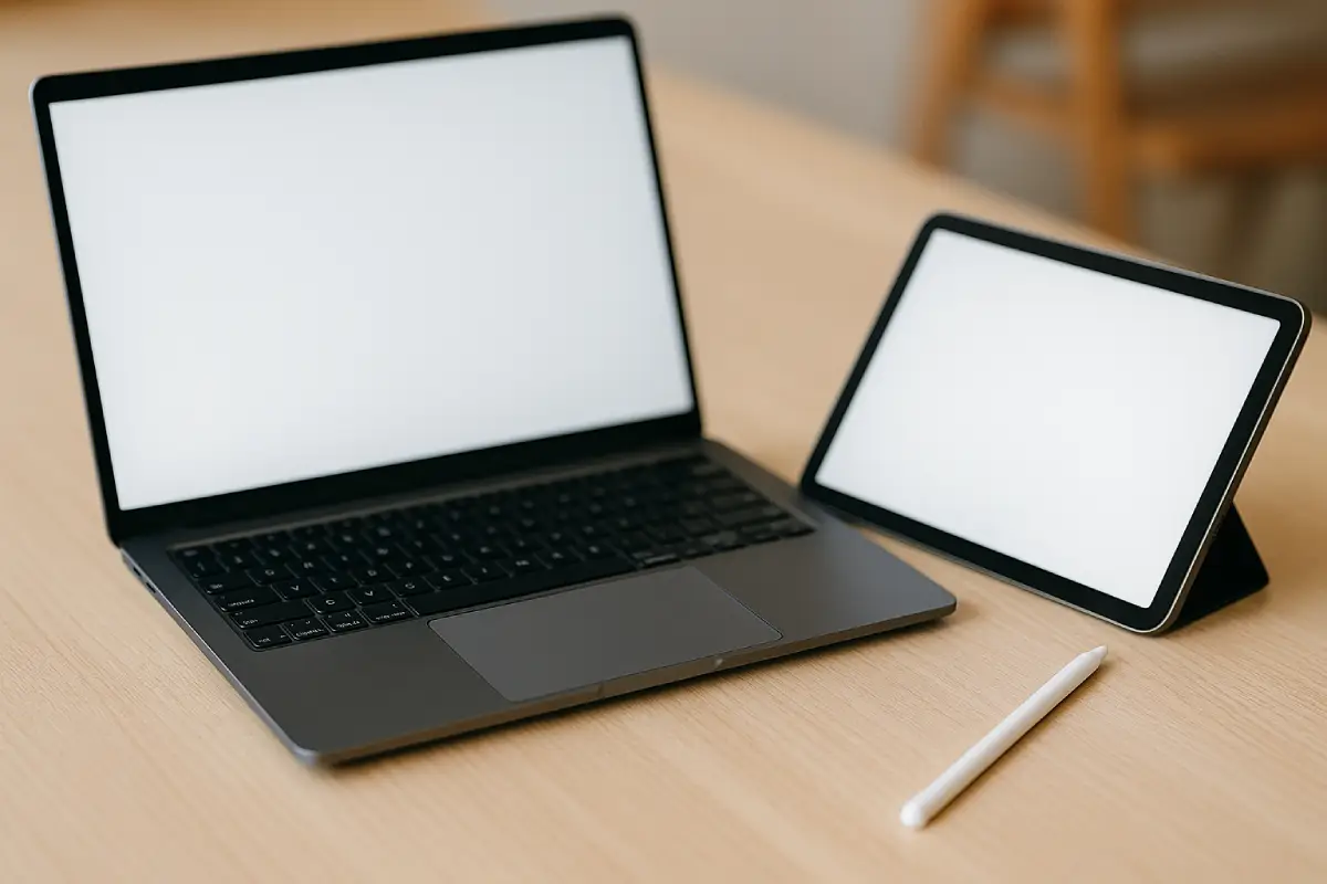 laptop vs tablet closeup comparison on wooden desk