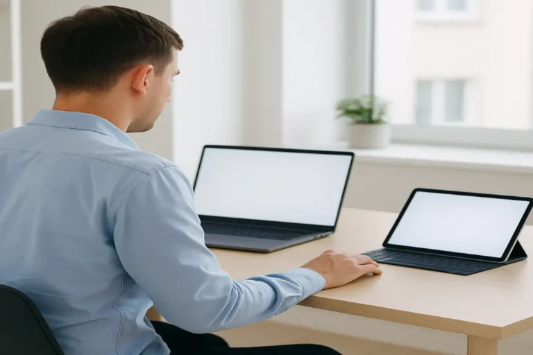 person comparing laptop vs tablet on desk in modern office
