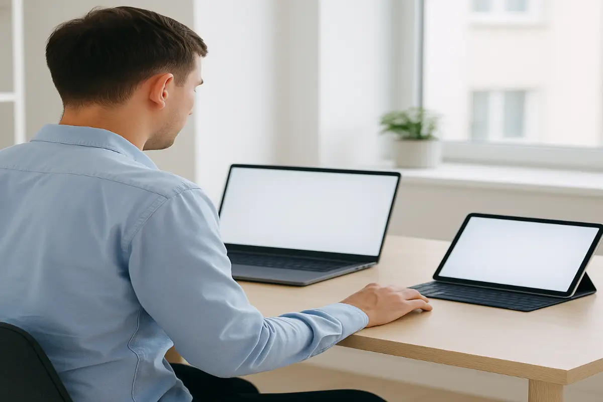 person comparing laptop vs tablet on desk in modern office