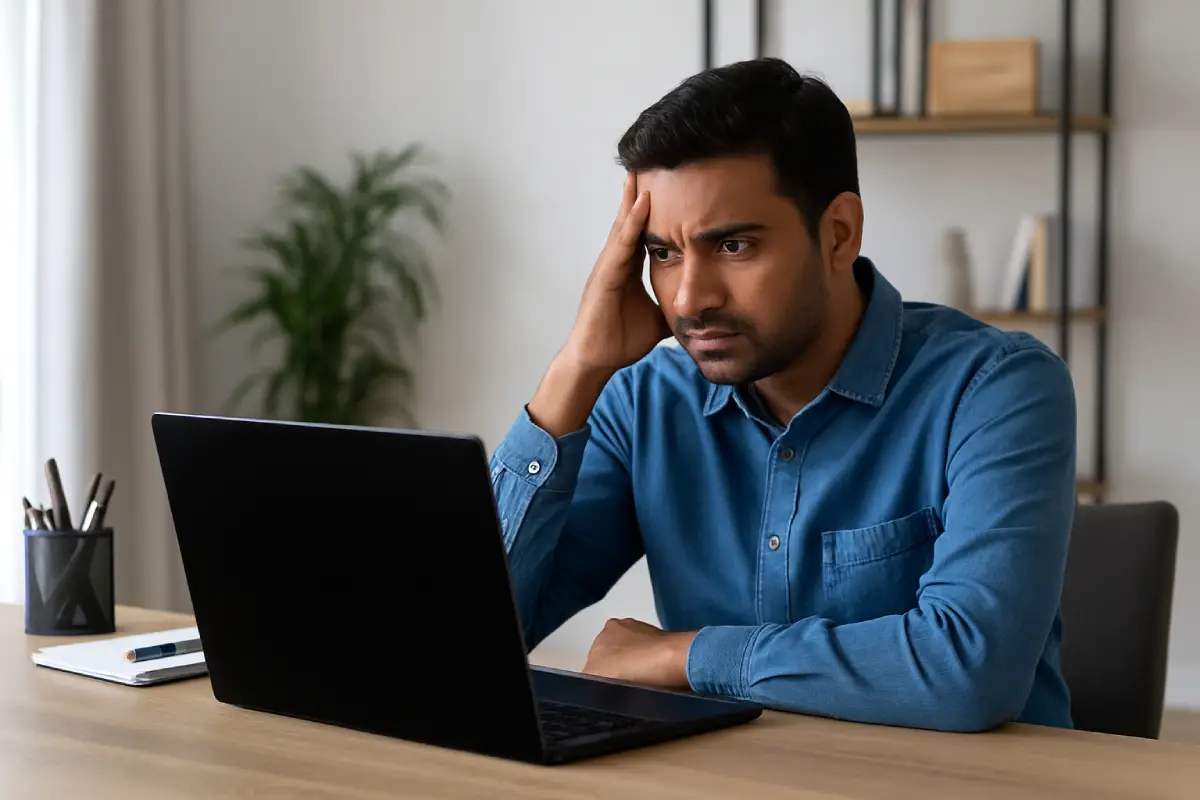 person looking at laptop screen black on startup on desk