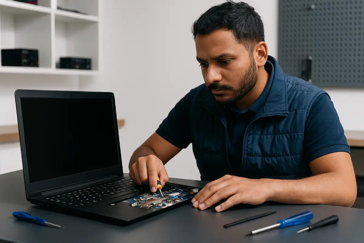technician repairing laptop screen at service center
