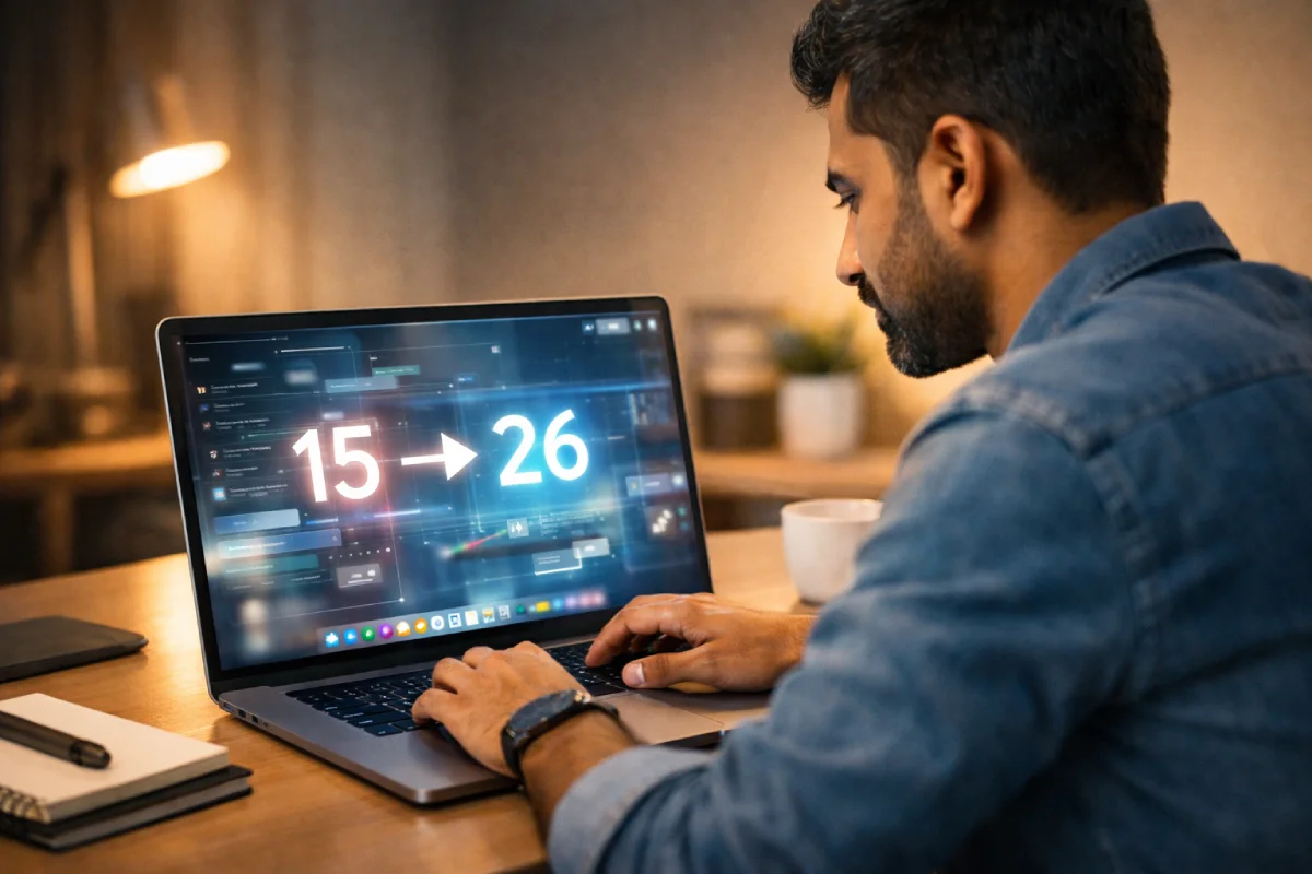 Indian professional on laptop with liquid-glass UI and 15→26 glow