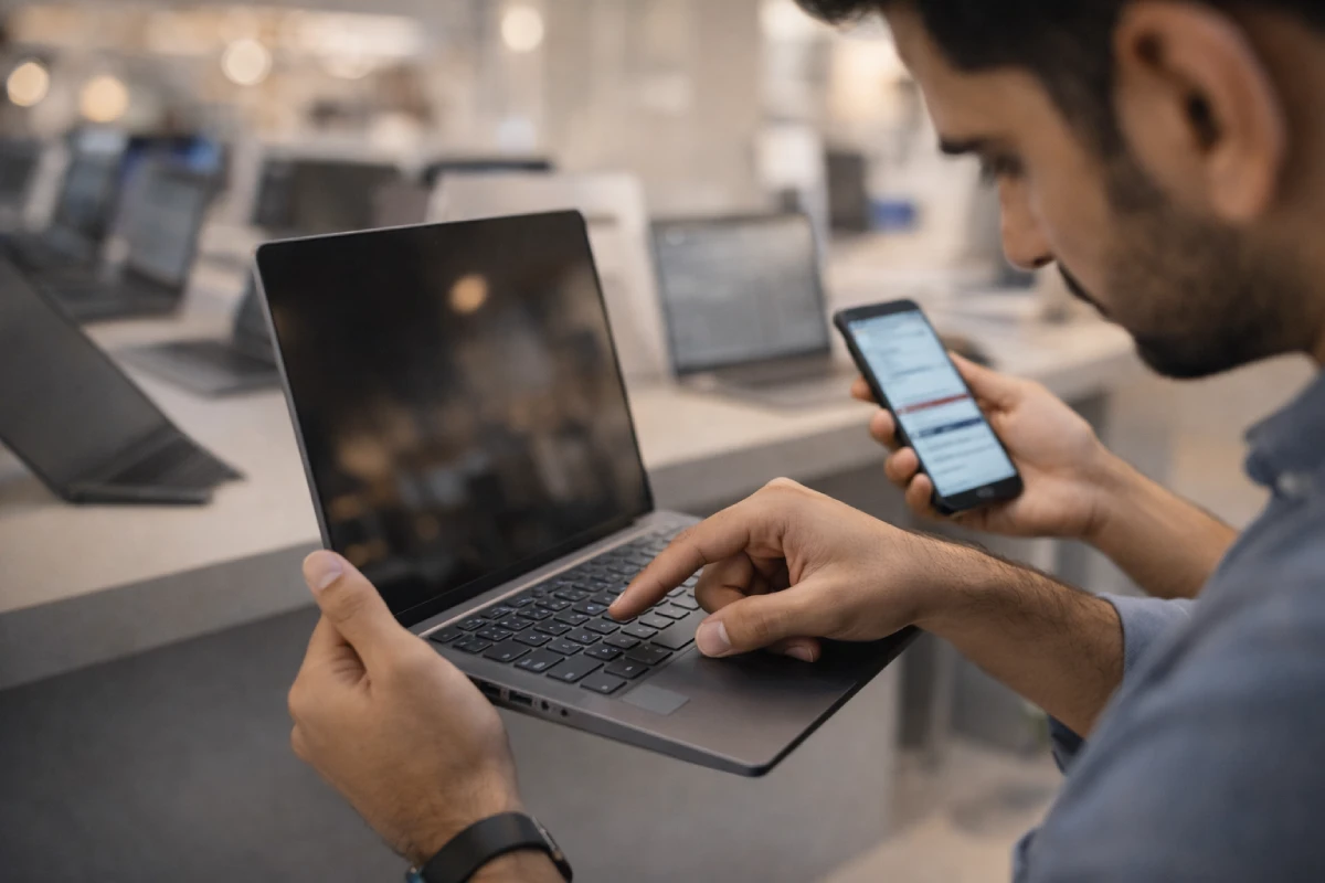 What is Intel Evo certification: Indian buyer checking Evo badge in electronics showroom