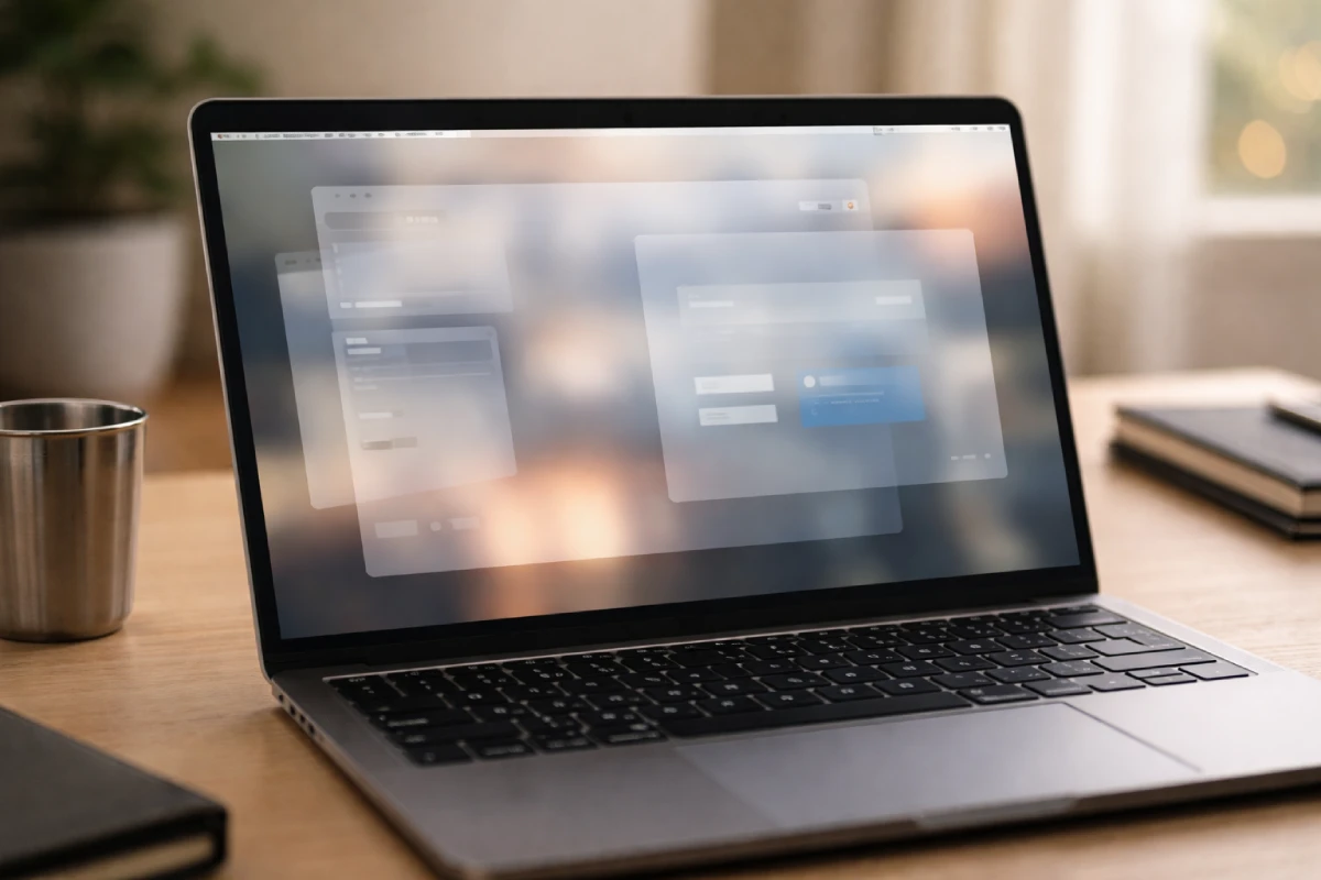 Liquid Glass design on laptop screen with frosted panels on minimal desk