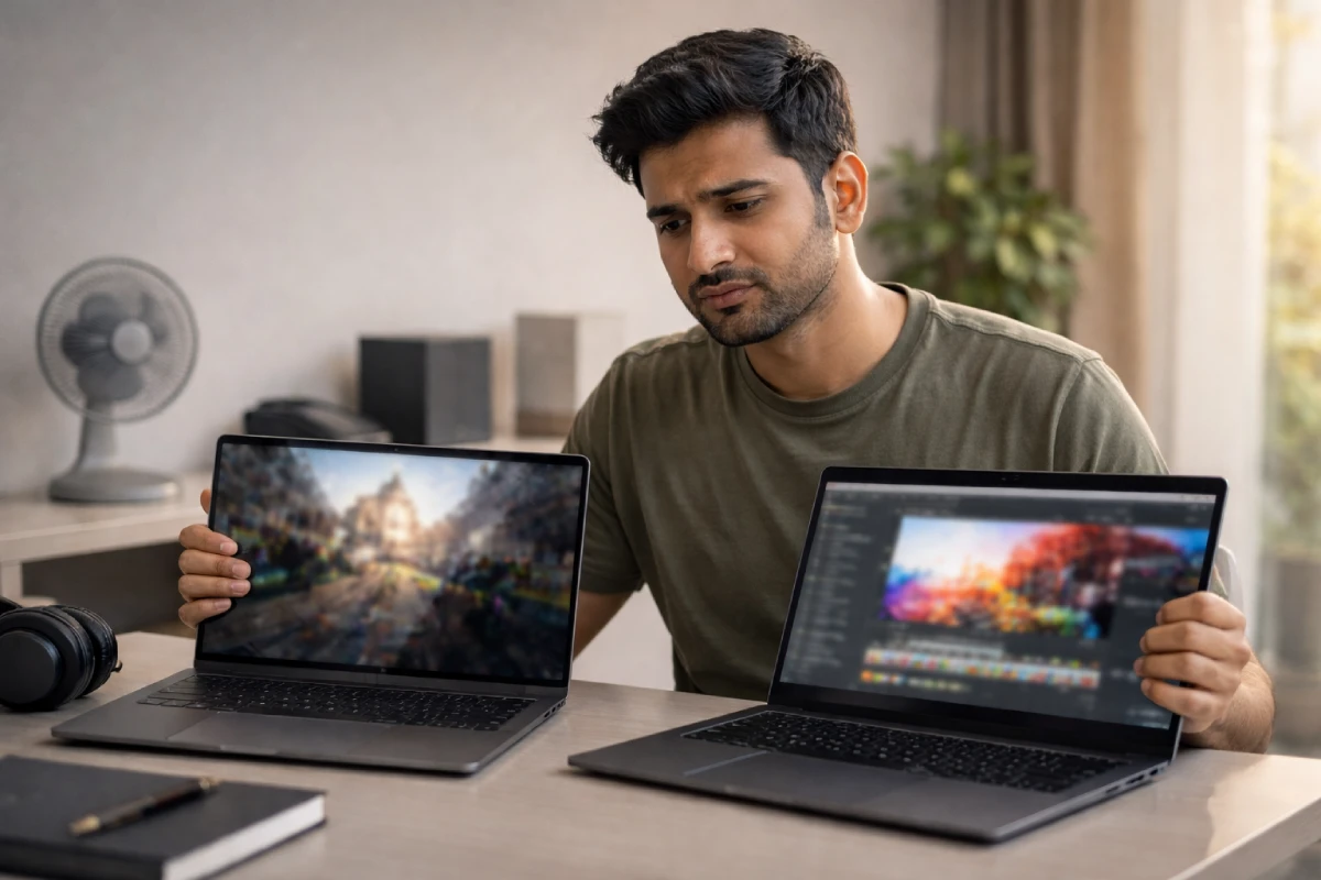 Intel Evo meaning shown by Indian user comparing gaming vs editing laptops