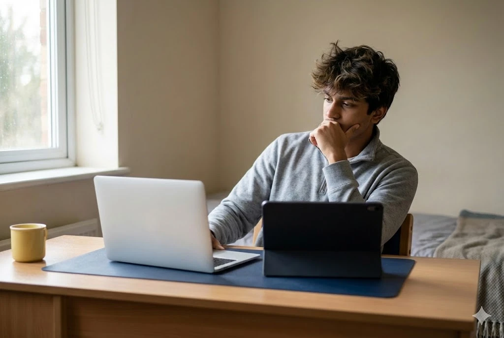 iPad vs laptop: Indian student comparing tablet and laptop at study desk