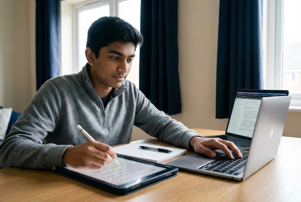 iPad vs laptop study: Indian student annotating tablet and typing on laptop