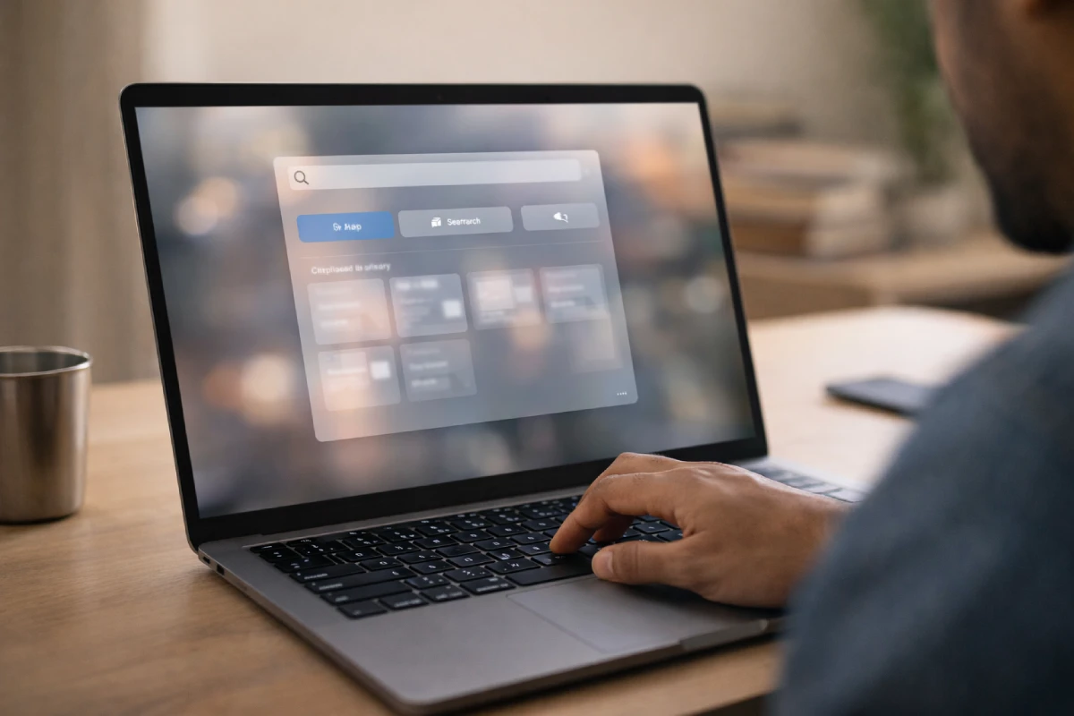 macOS Tahoe 26 Spotlight overlay with actions and clipboard tiles on laptop