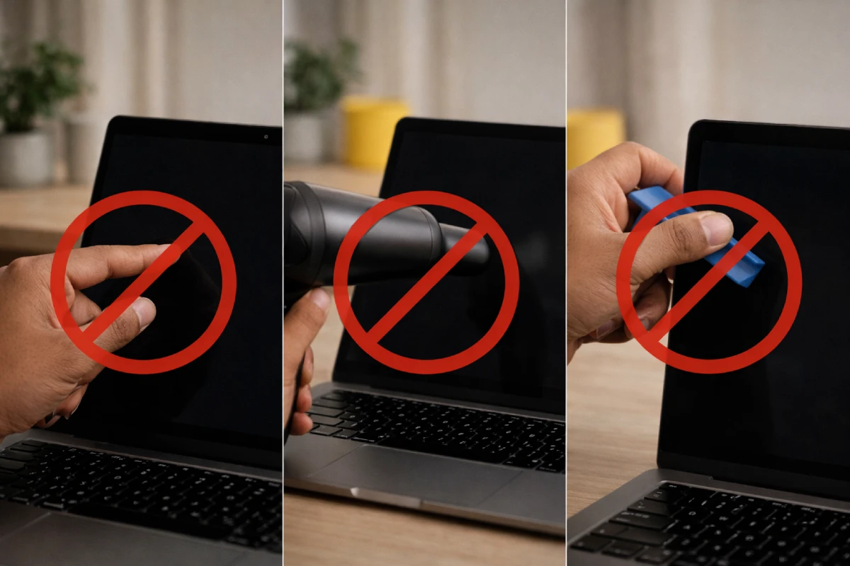 Avoid pressure and heat that can worsen laptop screen white spots