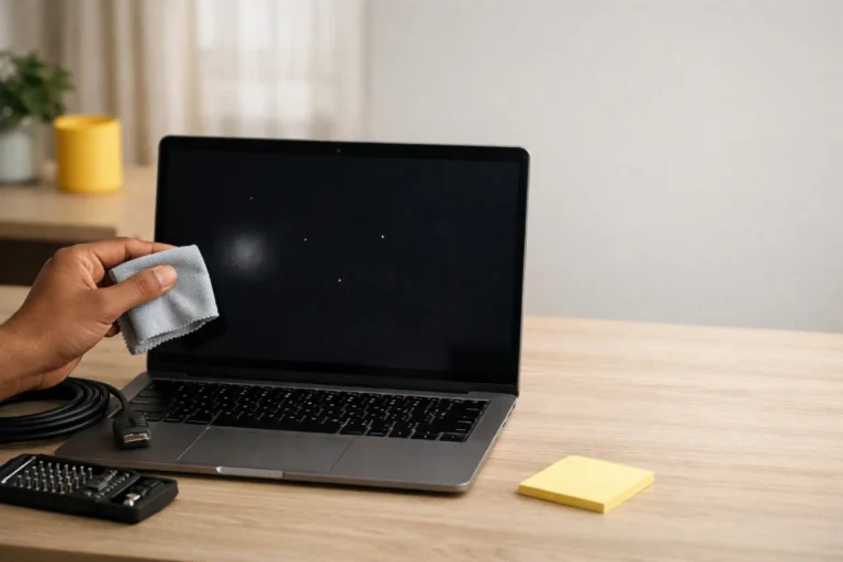 White dots in laptop screen diagnosis on a laptop in an Indian workspace