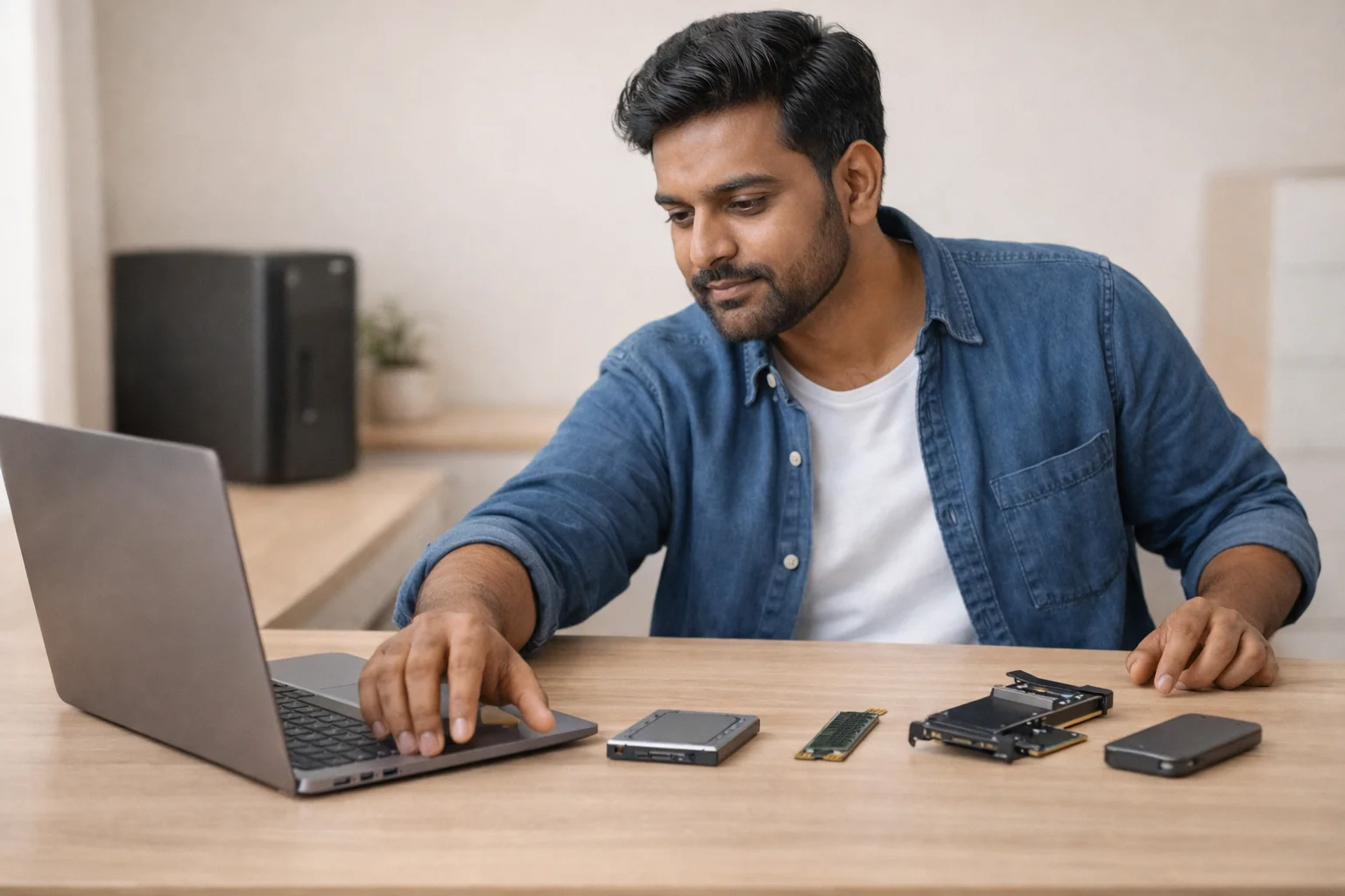 Different types of SSD arranged beside a laptop and desktop setup